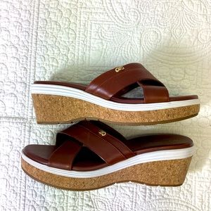 Cole Haan Grand OS Brown Leather Cork Wedge Platform Slide Sandal Size 8 1/2‎ B